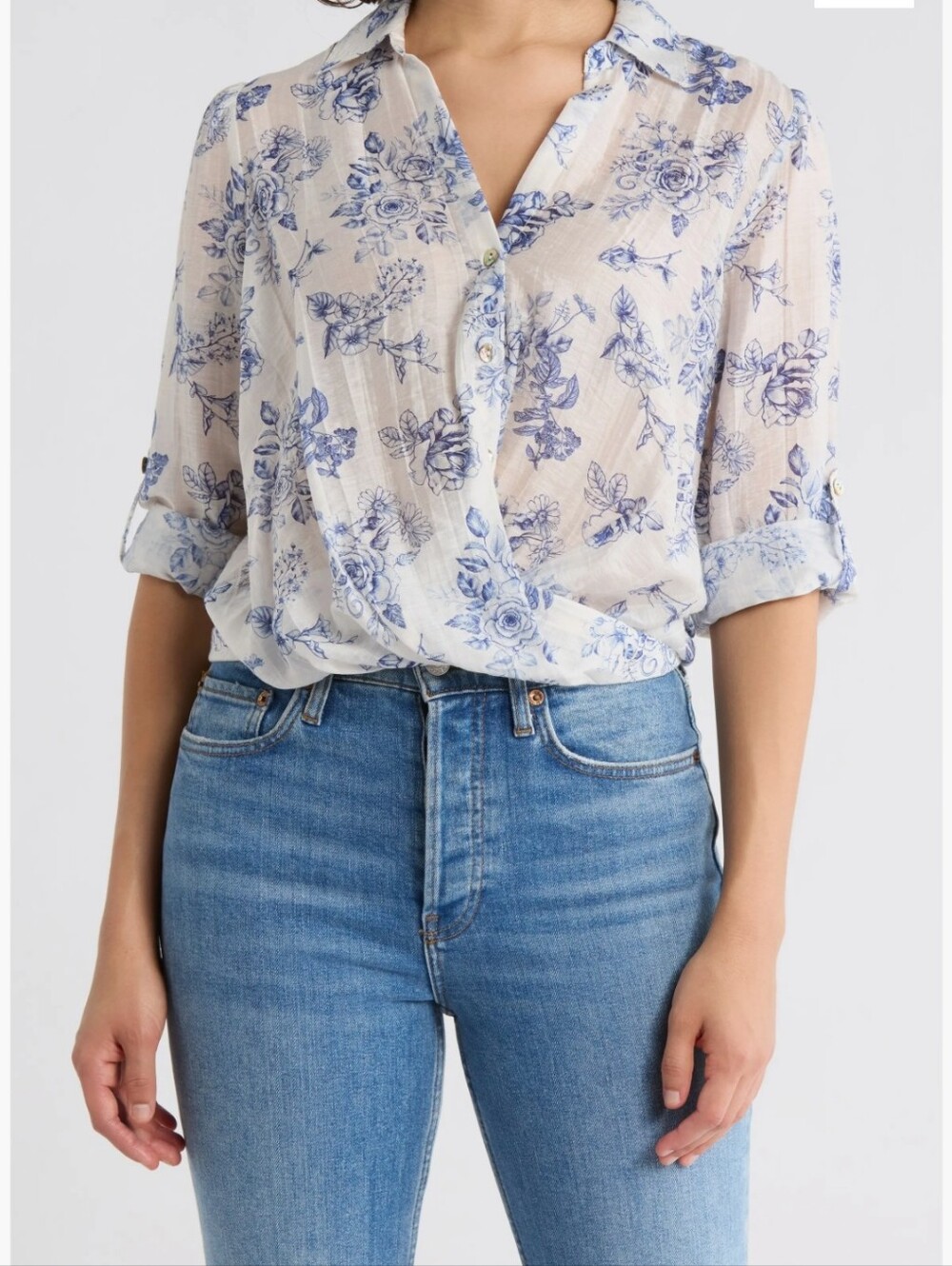Chenault Blue Floral Popover Blouse on Cream